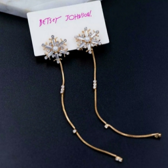 Gold Rhinestone & Pearl Snowflake Dangle Stud Earrings - Picture 1 of 10